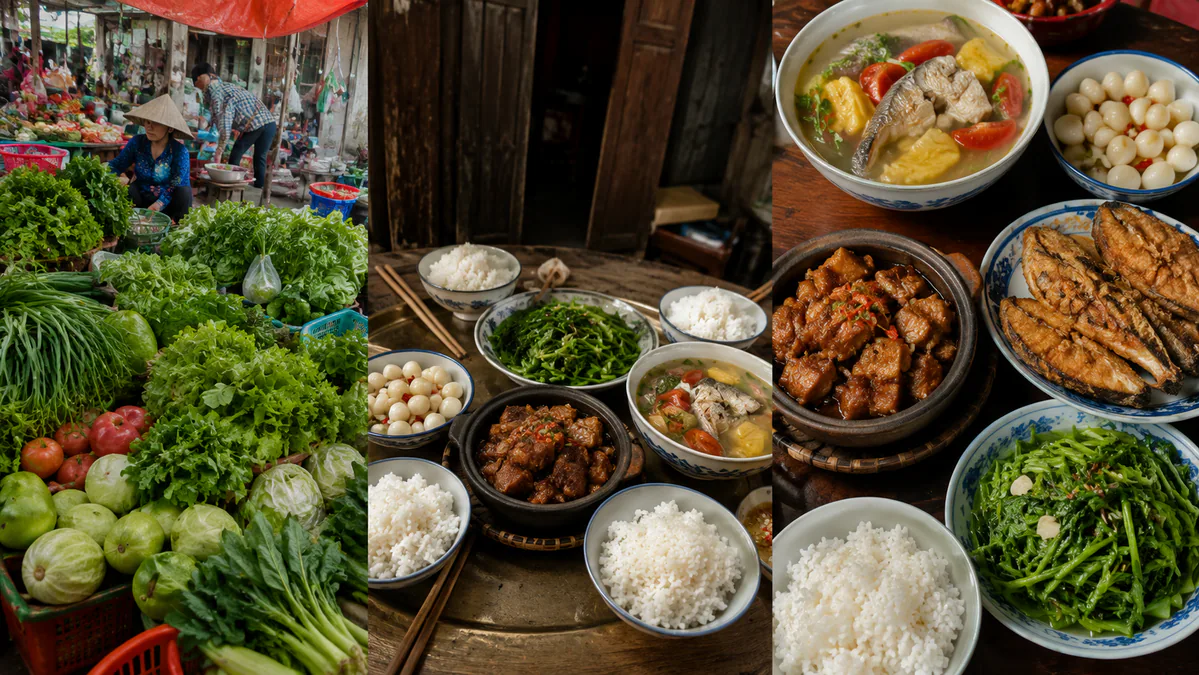 Khẩu phần Việt truyền thống — phong phú rau, cá, đậu, nhưng có một điểm cấu trúc cần soi lại.